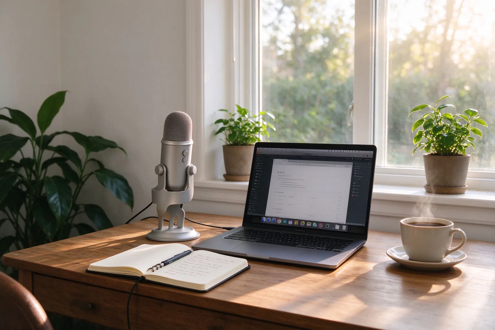 A quiet desk with a microphone and notebook, the kind of setup where you remove background noise from audio with NoiseClear