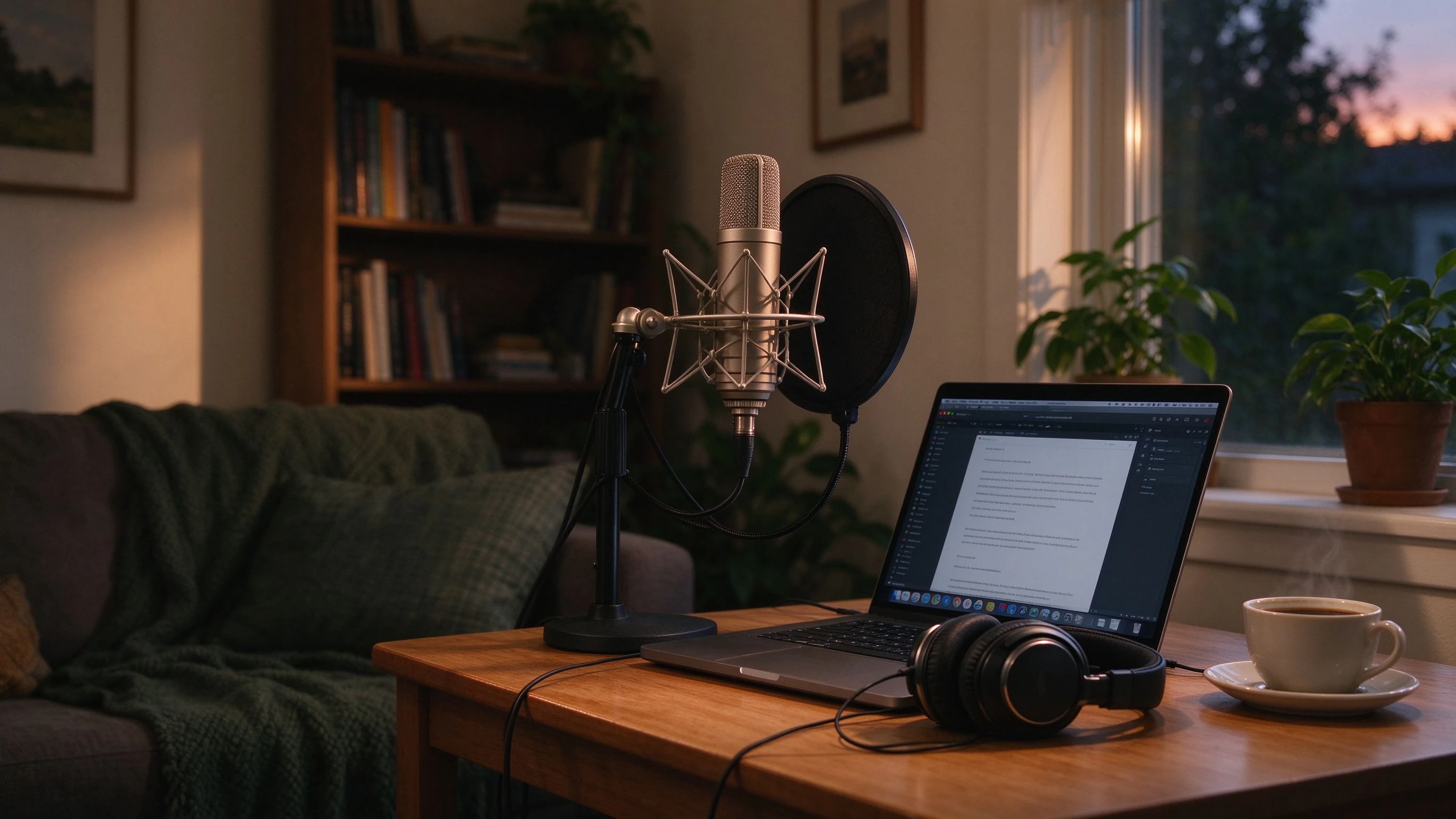 A home podcast setup with a condenser microphone, ready to remove background noise from video with NoiseClear