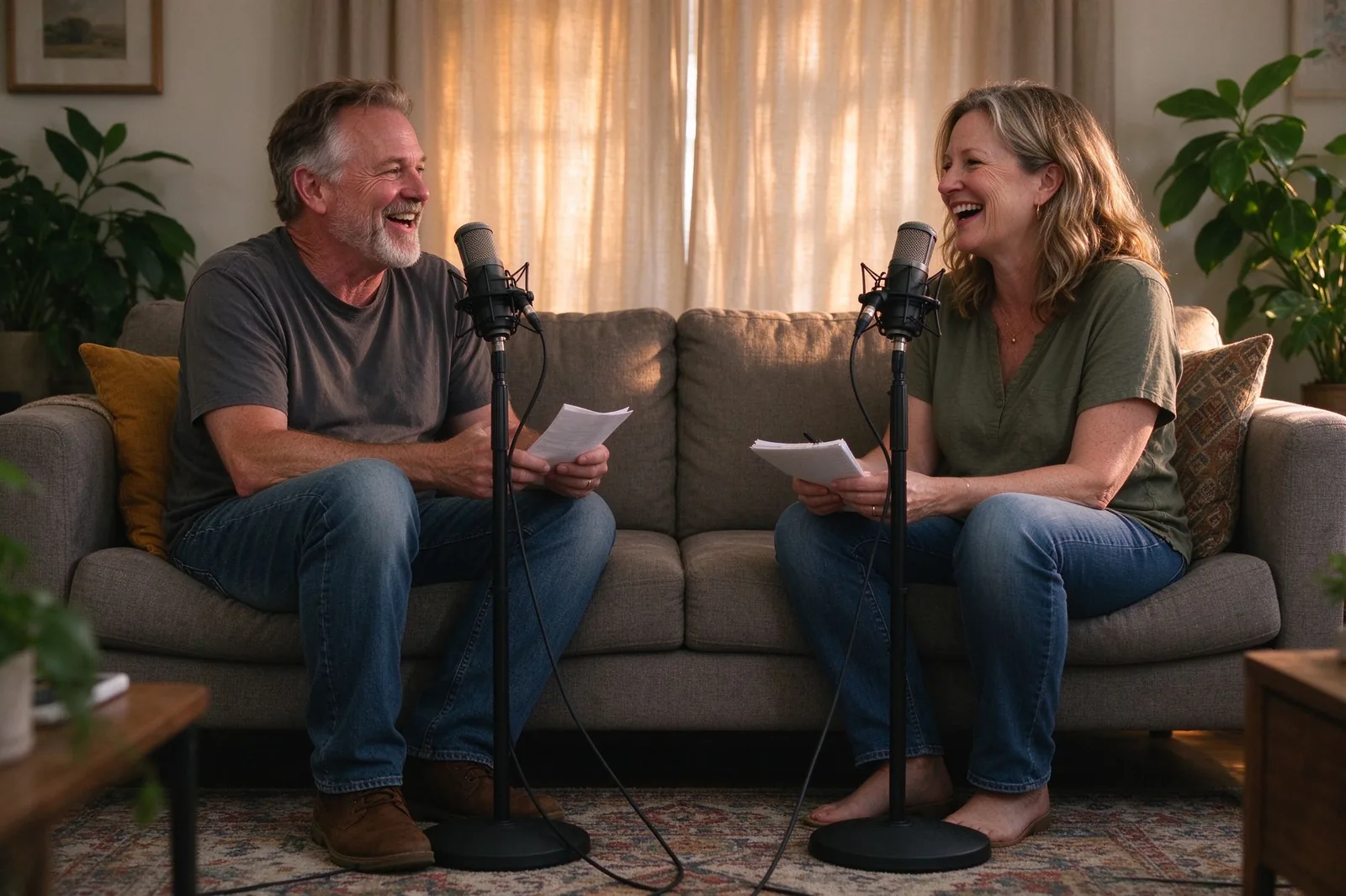 Two people recording a podcast on couch microphones, the kind of recording you remove background noise from video for