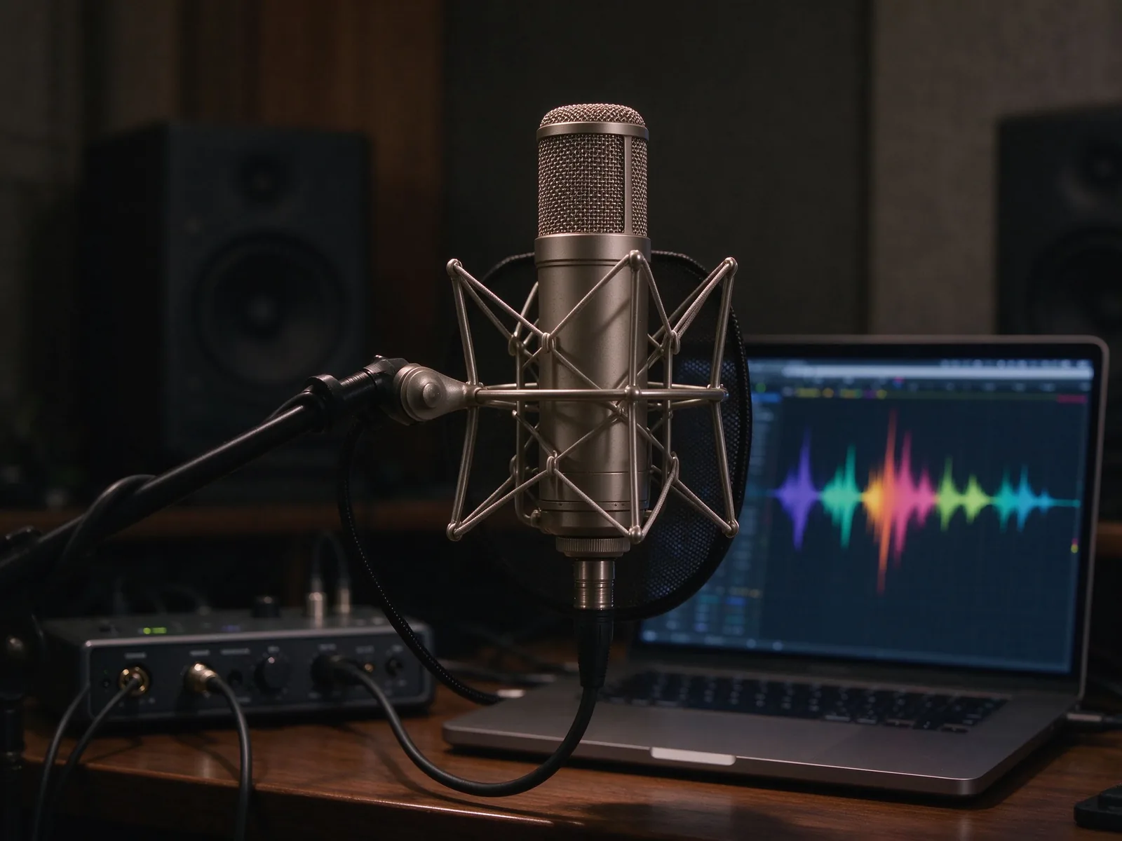 Audio interface and a studio microphone with a waveform on screen, while the cloud removes background noise from video audio